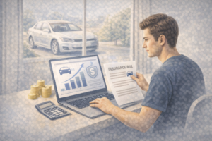 Illustration showing a driver calculating insurance costs with a laptop and car in the background.