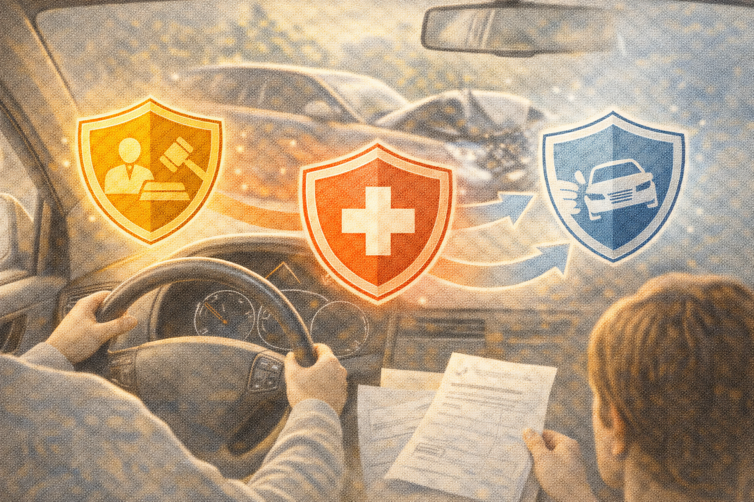 Illustration of a driver with abstract icons representing liability, medical protection, and property damage.