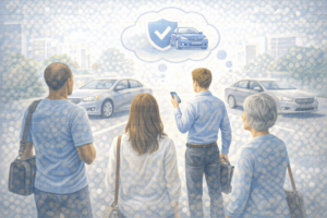 Illustration of diverse drivers considering insurance options while looking at multiple vehicles.