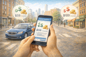 Illustration showing a driver comparing affordable insurance options on a smartphone in an urban setting.