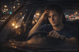 A stressed driver sitting inside a car at night on a city street, reflecting the challenges faced by high-risk drivers without vehicle ownership.