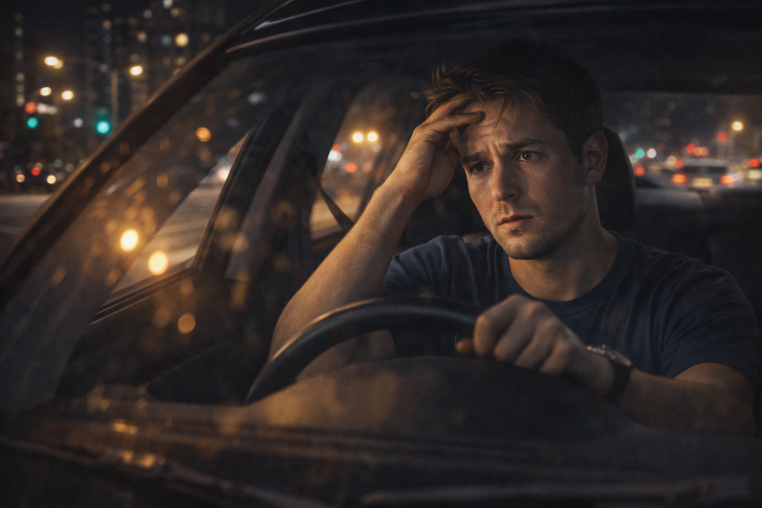 A stressed driver sitting inside a car at night on a city street, reflecting the challenges faced by high-risk drivers without vehicle ownership.