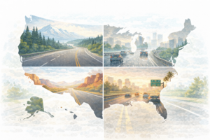 A visual representation of the United States map blended with different road scenes, symbolizing varying state insurance requirements.