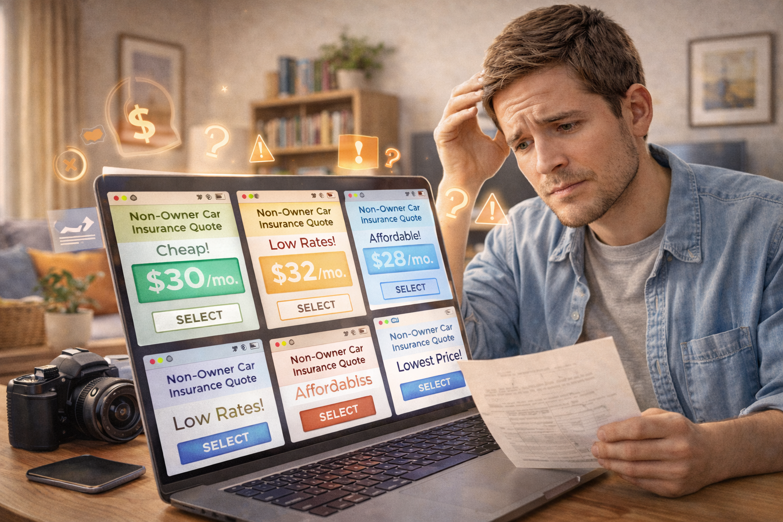 A person comparing insurance prices on a laptop, looking confused and overwhelmed by multiple online quotes.