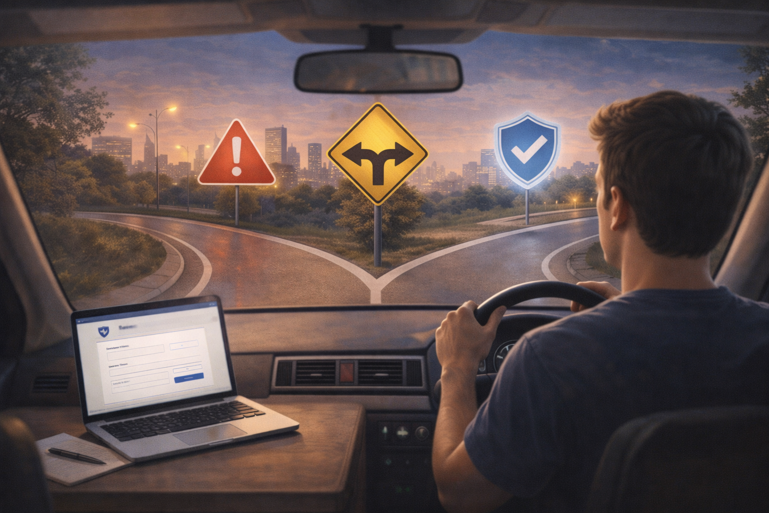 A driver paused at a road intersection choosing between two different paths, symbolizing confusion between insurance options.