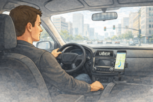 A rideshare driver sitting in a car with a navigation app open, preparing to start a trip in an urban environment.