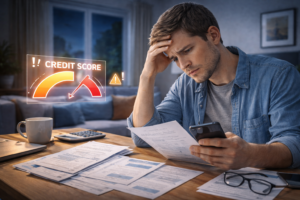 A person reviewing bills and financial information on a desk, looking concerned about their credit situation.